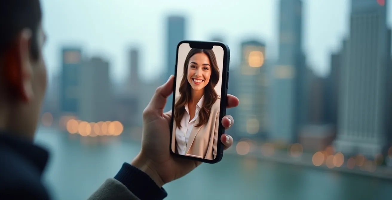 Vue en plongée d'une main tenant un smartphone affichant des profils professionnels avec des sourires parfaits, sur un fond de gratte-ciel flou