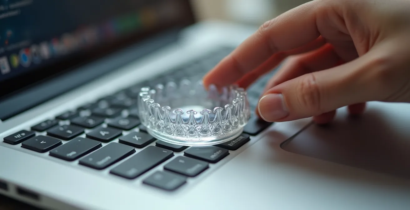 Gros plan sur une main tenant un étui d'aligneurs transparents posé sur un clavier d'ordinateur portable, dans un cadre de travail nomade